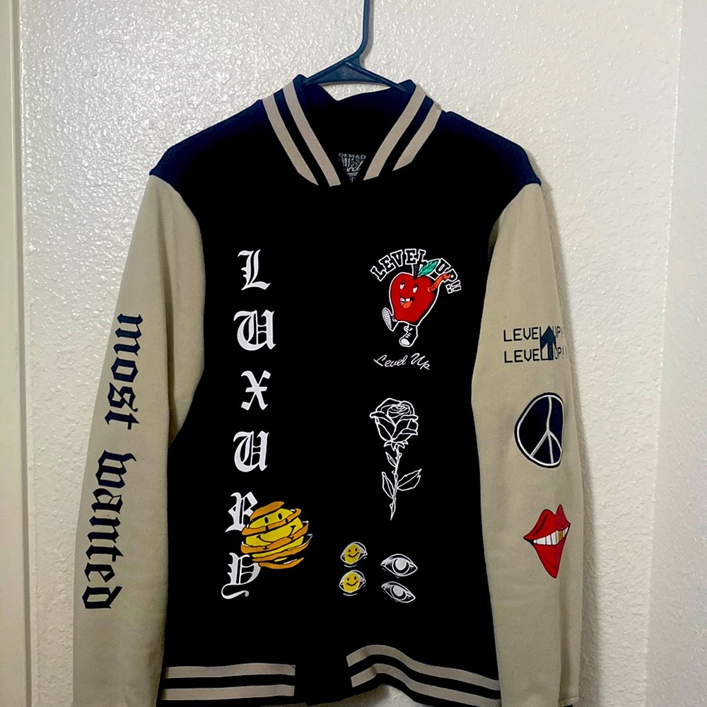 Black/tan varsity sweater, size medium, by Brooklyn Cloth.